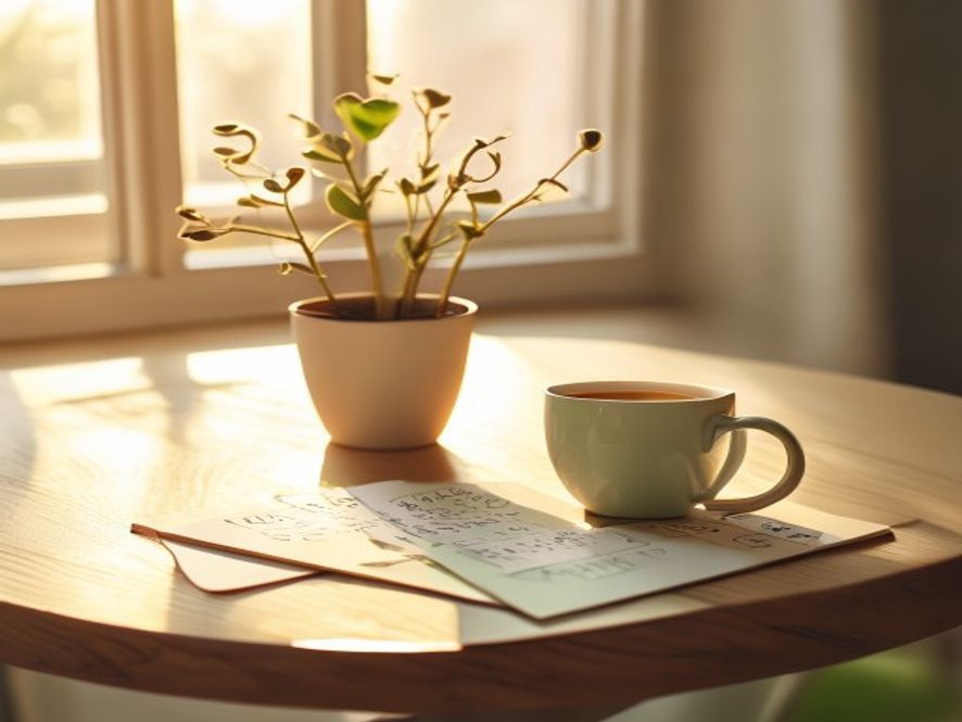 Morning ritual with coffee mug and open planner on light wooden table